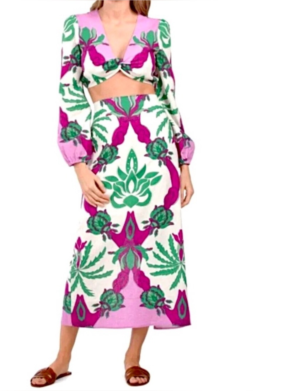 Caroline Constas Pink, Green & White Floral crop tops / midi skirt medium